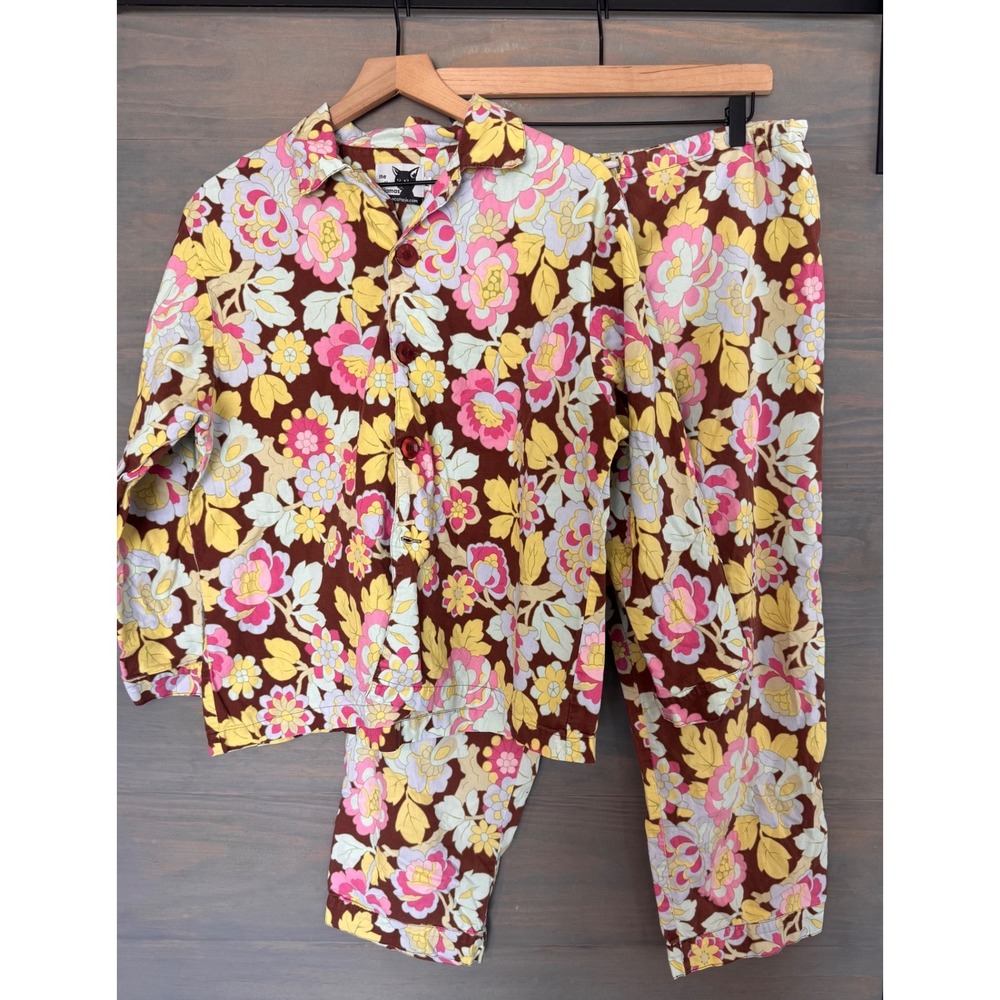 The Cat's Pajamas Pima Cotton Pajama Set Brown Retro Floral Lounge Set SZ M VTG